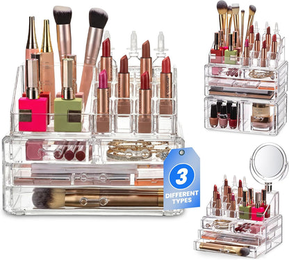Clear Makeup Organizer - 16-Compartment Cosmetic and Jewelry Holder with 4 Drawers - Vanity Storage Box for Makeup, Skincare, Accessories, and Jewelry Display